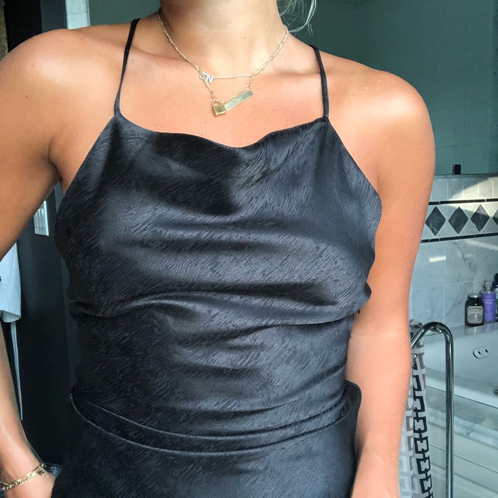 black satin midi dress